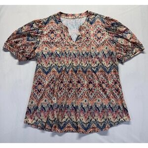 Lomon Blouse Top Womens 2XL Multicolor Geometric Ikat Stretch Split Neck Pleated
